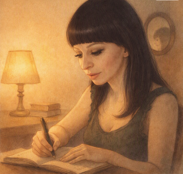 ilustração artística de uma mulher de cabelo escuro e franja, focada a escrever com uma caneta num caderno, num ambiente acolhedor iluminado por um candeeiro de mesa