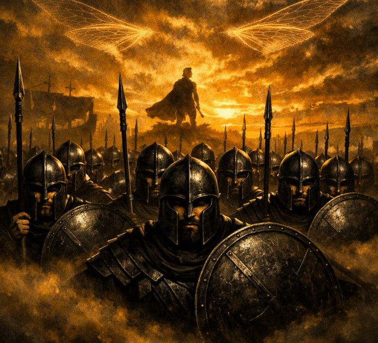 Exército dos Mirmidões com armaduras negras avançando sob luz dourada; guerreiros com escudos e lanças erguidas, Aquiles distante como silhueta dourada; asas translúcidas no céu simbolizando origem divina; atmosfera épica e mitológica
