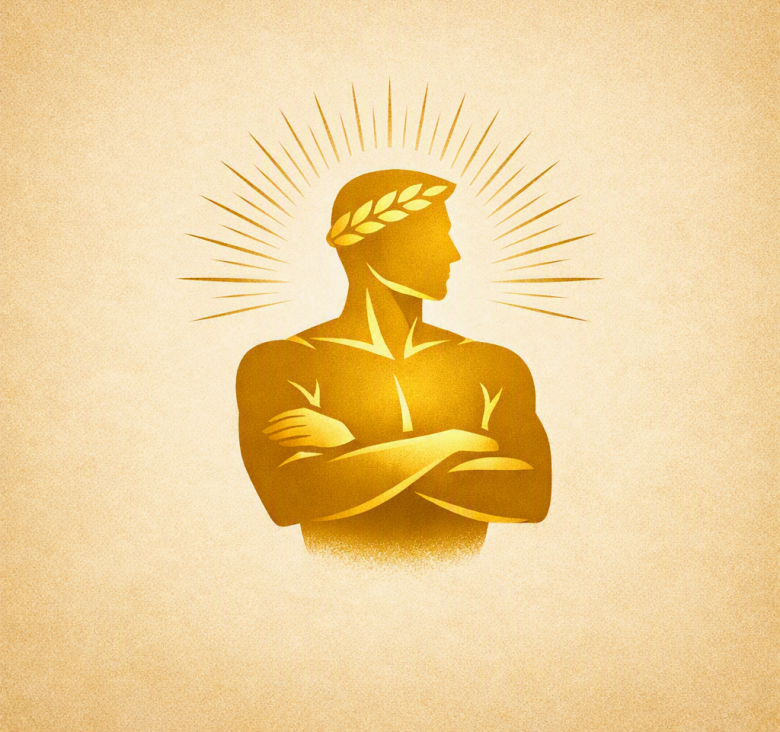 Estátua de um homem dourado a brilhar ao sol