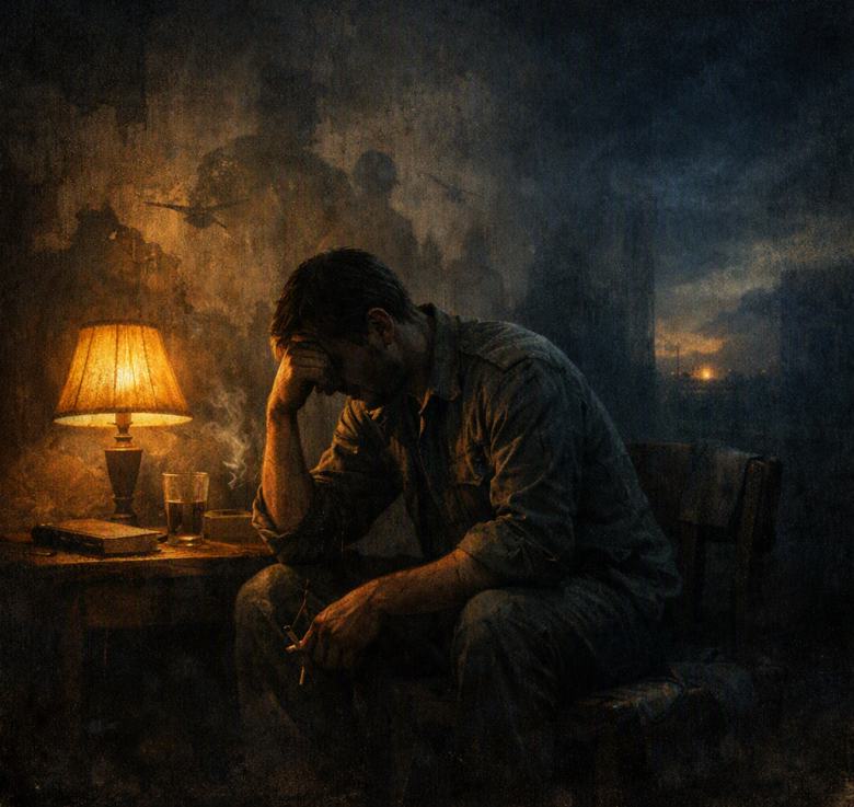 Pintura sombria de um homem fardado, sentado e desolado com a cabeça apoiada na mão, num quarto escuro iluminado apenas pelo candeeiro de uma mesa de cabeceira, com sombras da guerra na parede